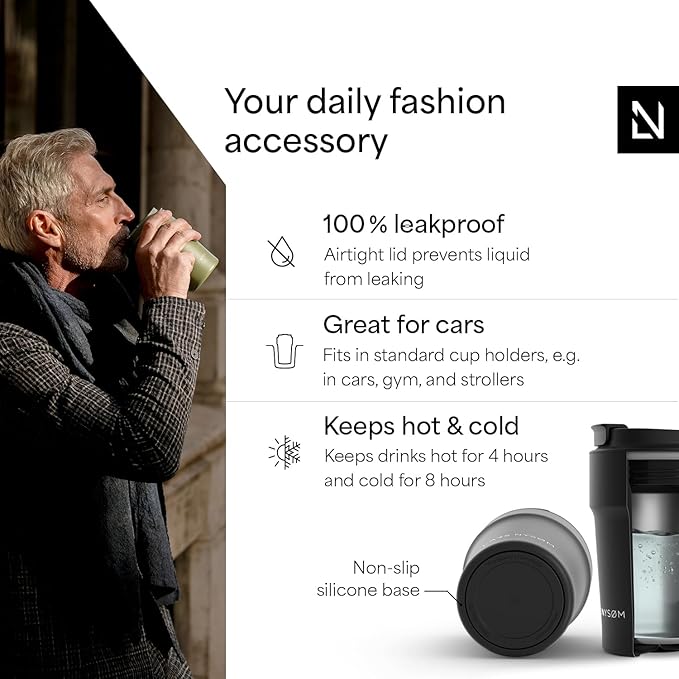 LARS NYSØM Thermo Coffee Mug to go 13oz | Travel Mug 0.38 Liter with Insulation | Silicone grip base | Leak Proof Stainless Steel Tumbler for Coffee and Tea on the Go (Powder Black, 13oz)