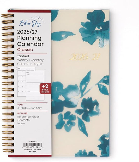 Blue Sky 2026-2027 Weekly and Monthly Academic Year Planner Calendar, July 2026 - June 2027, 5" x 8", Flexible Cover, Wirebound, Laminated Tabs, Bakah Blue