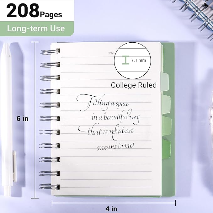 FLYING EAGLE 4 PCS Pocket Spiral Notebooks Cute 5 Subject Notebook College Ruled with Dividers Tabs Plastic Cover Thick Paper Notebooks for Work School, 4x6 Multicolor