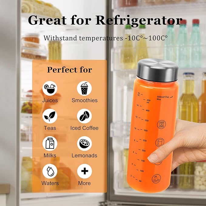 6 Pack Plastic Juice Bottles with Caps - Wide Mouth Resuable Clear Plastic Water Bottles for Juicing,Smoothie,Protein, Beverage,Storage Containers,BPA Free,Leakproof Stainless Steel Lid(16 Ounces)