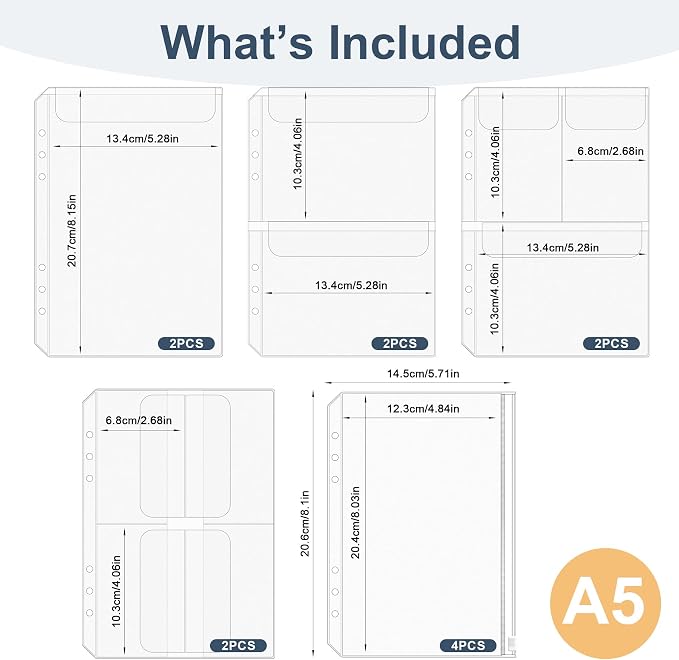 12PCS A5 Binder Pockets, 6-Hole Budget Envelopes for Planner