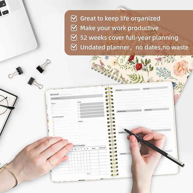 Weekly Planner Undated - 52 Weeks To Do List Notebook A5 for Work: Weekly Task, Habit Tracker Journal, Goal Setting, Agenda Sprial Bound Organizer Book Women Cute Stylish Design, Floral