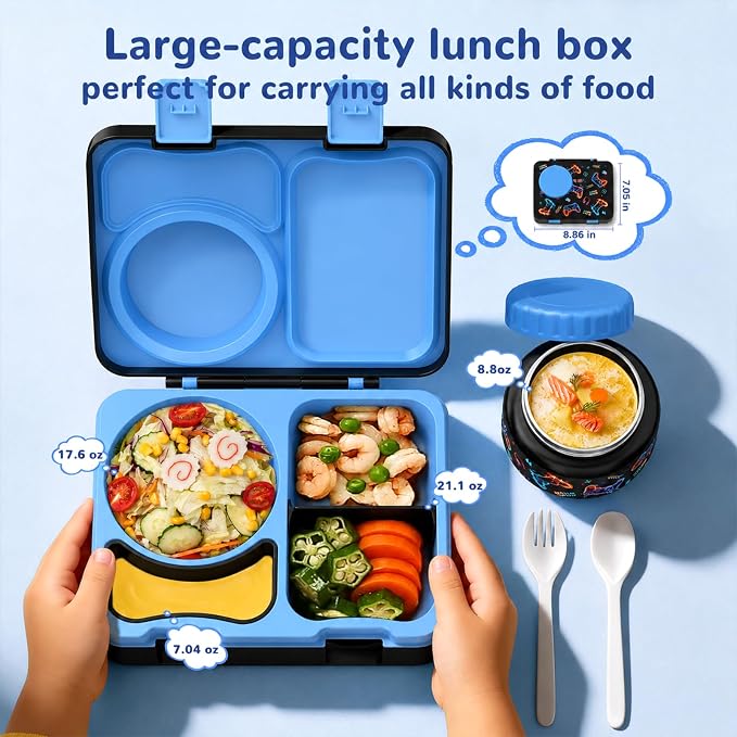 Kids Insulated Lunch Box with 8OZ Thermo Food Jar | Leakproof Bento Box with Ice Pack Sauce Cup Utensils Removable Tray & Dividers for School Daycare Travel, Game Controllers