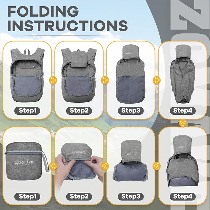 ZOMAKE 10L Ultra Lightweight Packable Backpack, Small Daypack Light Foldable Backpacks Water Resistant Day Bag for Hiking(Grey) | Water Resistant Collapsible Backpacks for Women Men, Everyday Carry, Multi Compartment Storage, Adjustable Strap(Grey A1)