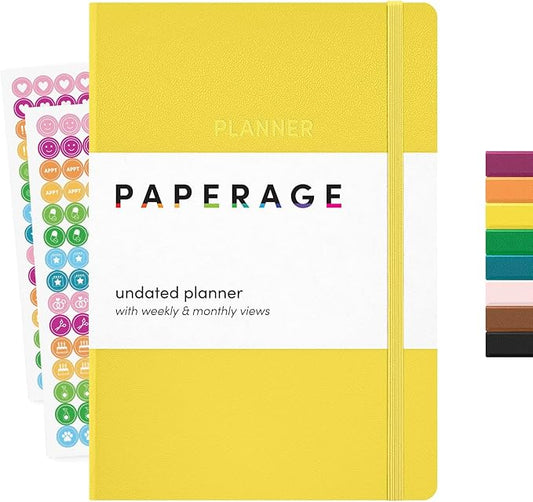 PAPERAGE Undated Weekly & Monthly Hardcover Planner (Yellow), 5.6 in x 8 in, Includes Lined Note Pages & 2 Sticker Sheets