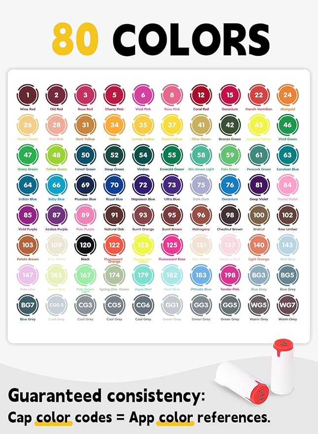 YHC 80 Colors Alcohol Markers Brush Tip with Free App, Chen Rui Series Chisel & Brush Tips Alcohol Brush Markers for Adults Coloring, Drawing, Painting, Illustration, Sketching
