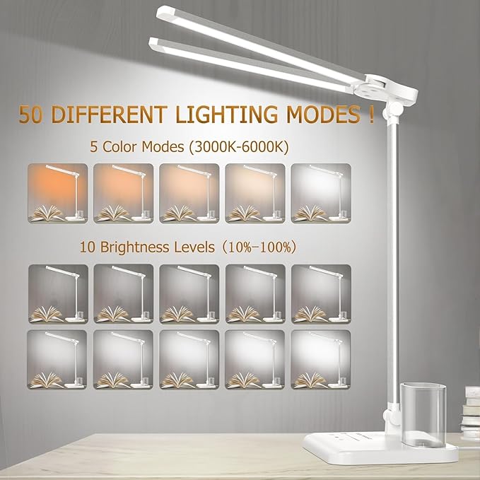 CHARYJOD LED Desk Lamp for Home Office, Eye-Caring Desk Light with USB Adapter, 10W 50 Lighting Modes Foldable Dual Swing Arm Architect Table Lamp Light for Reading, Study, Workbench, 45min Timer