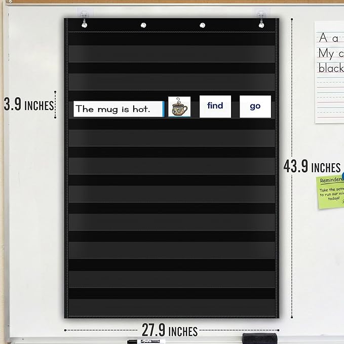 Pocket Chart for Classroom - Large Black 10 Pocket Chart for Alphabet Learning Word Wall Calendar Daily Schedule Sentence Strips Sticker Display, Teacher Supplies for Preschool Kindergarten & Home