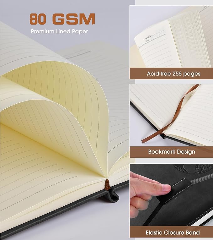 Lined Journal Notebook for Women Men,256 Thick Pages,A5 Hardcover Vintage Leather Journal for Writing,Travel,Business,Work, School,College Ruled Notebooks for Note Taking,Daily Diary 5.7"×8.3"