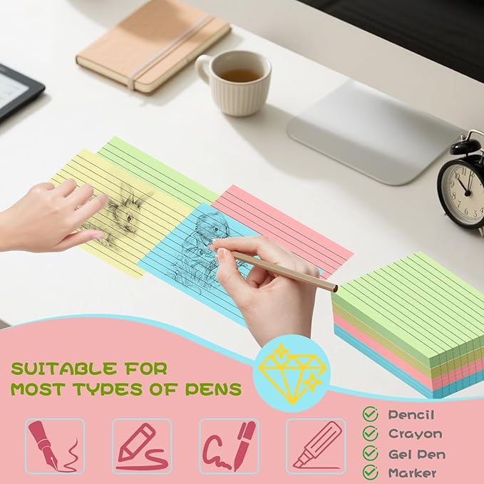 200 Count Colored Index Cards 3x5 Inch Ruled Flashcards Notecards 4 Color (25 Sheets Each),Lined Study Card Portable Note Taking for School Office Home ﻿