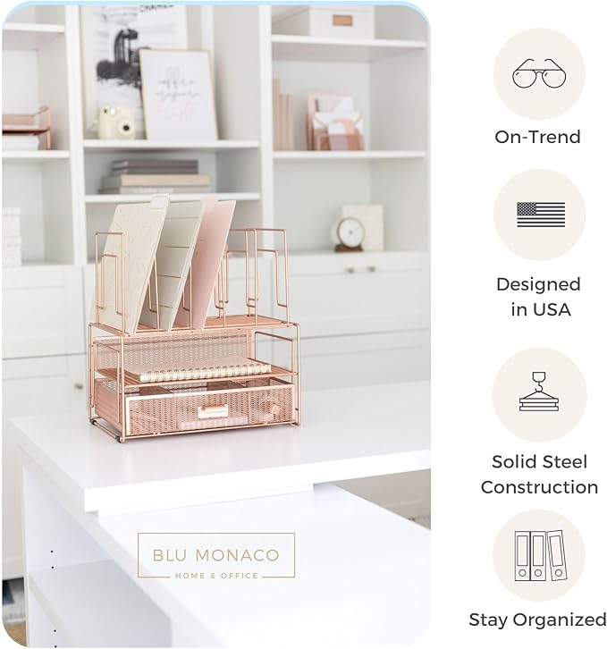 BLU MONACO | Rose Gold Desk Organizer with Drawer | Metal Desk Organizer with File Sorters and Storage Compartments | Office Desk Organizer for Paper Folders and Supplies
