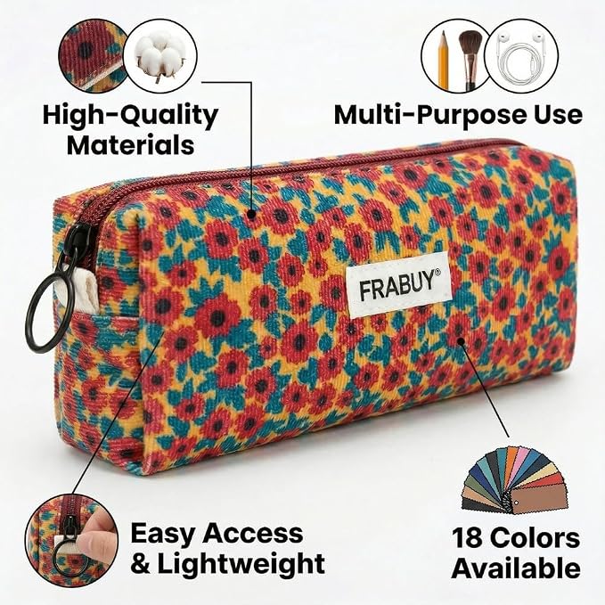 Soft Corduroy Pencil Case Pen Pouch Organizer, Small Stationery Bag | Cute red flower zipper pencil pouch, smooth zipper, daily cosmetics holder, compact organizer for school teen girls, women