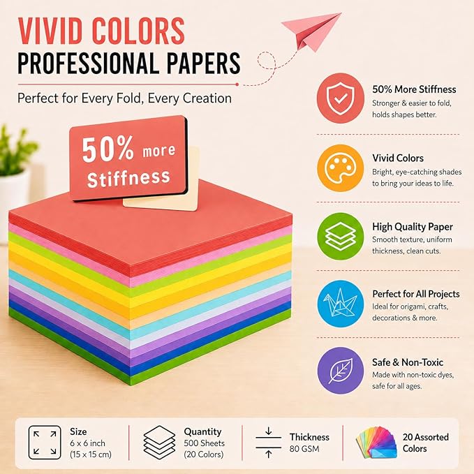 Origami Paper Kit 1000 Sheets 6 Inch Square Double Sided 20 Vivid Colors for Origami Crane, Heart，Perfect for Beginners,Kids,Parent-Child Interaction & School DIY Handmade Craft Lessons，Ideal Gifts
