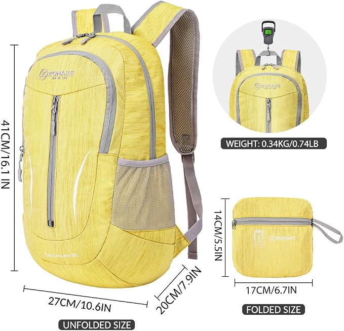 ZOMAKE 25L Ultra Lightweight Packable Backpack, Foldable Hiking Backpacks | Water Resistant Small Folding Daypack for Travel Camping, Everyday Carry, Multi-Pocket Layout, Adjustable Strap(Yellow)