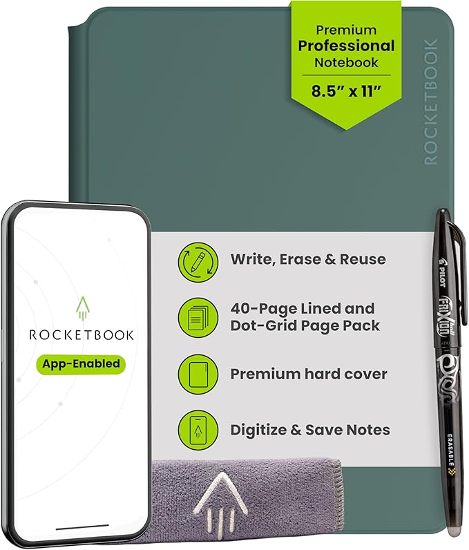 Rocketbook Pro Smart Reusable Notebook, Lined & Dotted Interchangeable Pages, For Work and Business Meetings, Letter Size 8.5x11, Green