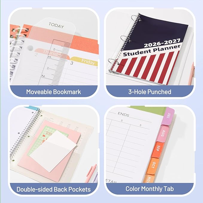 Student Planner 2026-2027, SUNEE Middle or High School Student Planner for Academic Jul. 2026 - Jun. 2027, 8.5"×11" Lesson Plan Book with 3-Hole Punched, Bookmark, Planning Stickers, Academic Color