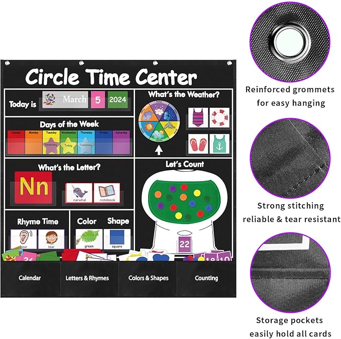Circle Time Learning Center Classroom Pocket Chart Preschool, Educational Pocket Chart Teaching Materials, Learning Calendar Weather Counting Letter Color, Circle Time Learning Center Black