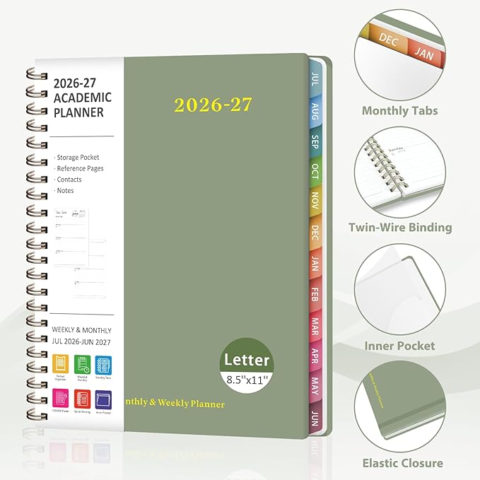 Planner 2026-2027, Weekly and Monthly Academic Year Calendar Planner, July 2026 - June 2027, Daily Agenda Book for Office School Supplies, Letter Size(8.5'' x 11'')