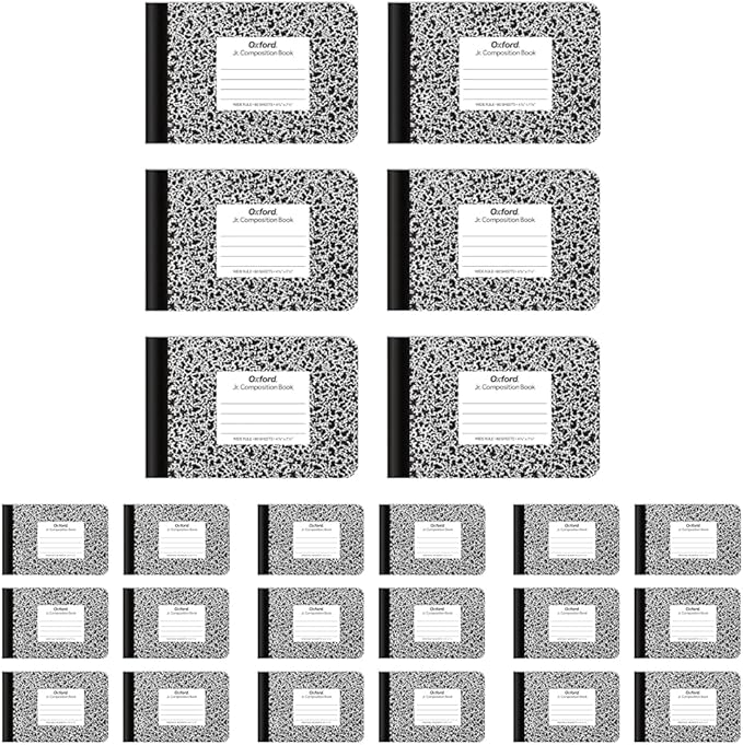 Oxford Jr. Composition Notebooks, School Supplies, Notebooks for School, Half Size, 4-7/8 x 7-1/2 Inches, Wide Ruled Paper, 80 Sheets, Kids Journal, Black Marble Covers,(63773), (Pack of 24)