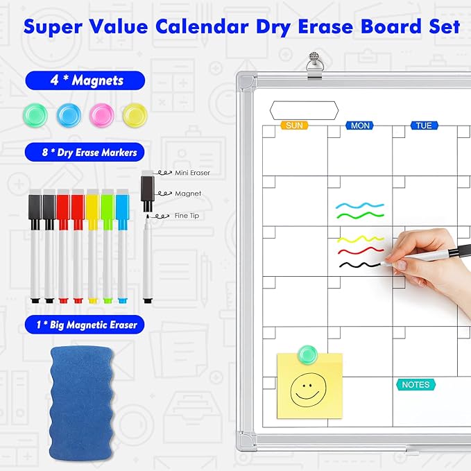 Dry Erase Calendar Whiteboard for Wall, 36" x 24" Magnetic Monthly White Board Calendar Dry Erase, Wall Hanging Aluminum Frame with Tray for Home, School, Office (Silver Frame)