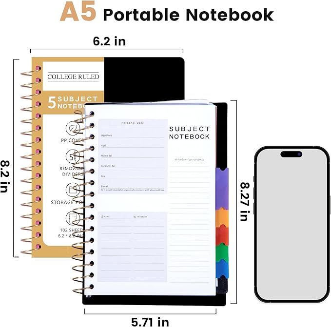 CAGIE Small Spiral Notebooks with Removable Dividers Tabs, 5 Subject Notebook College Ruled 6''×8'', A5 Notebooks for School Work with Plastic Cover, Back Pocket, Spiral Bound, Black