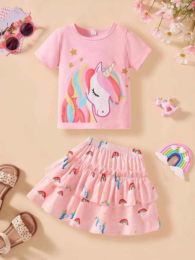 Little Girls Skirt Set - 2 Piece Short Sleeve Top Shirred Tiered Skirt Outfit Girls Spring Summer Clothes 3-8 Years