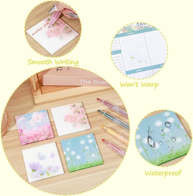 BAYTORY 200 Sheets Transparent Sticky Notes, 6Pcs Double-Ended Colored Marker Pen, 3 x 3 Glitter Clear Sticky Notes, Waterproof Self-Stick Note, Easy to Post for Note Taking (Flower)