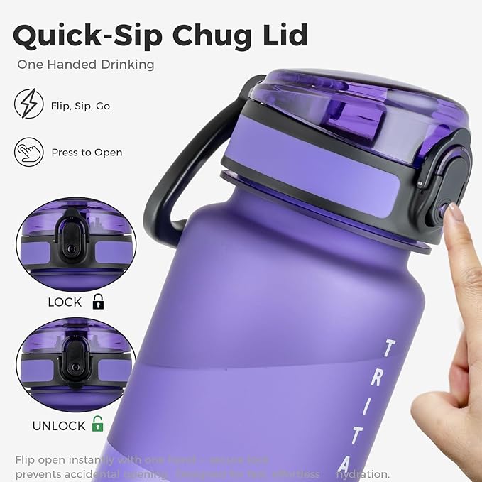 32oz Water Bottle with Chug Lid, Frosted & Clear Tritan BPA-Free, Leakproof, Wide Mouth, Portable Sports Water Bottle for Gym, Office, Travel, Outdoor (Purple)