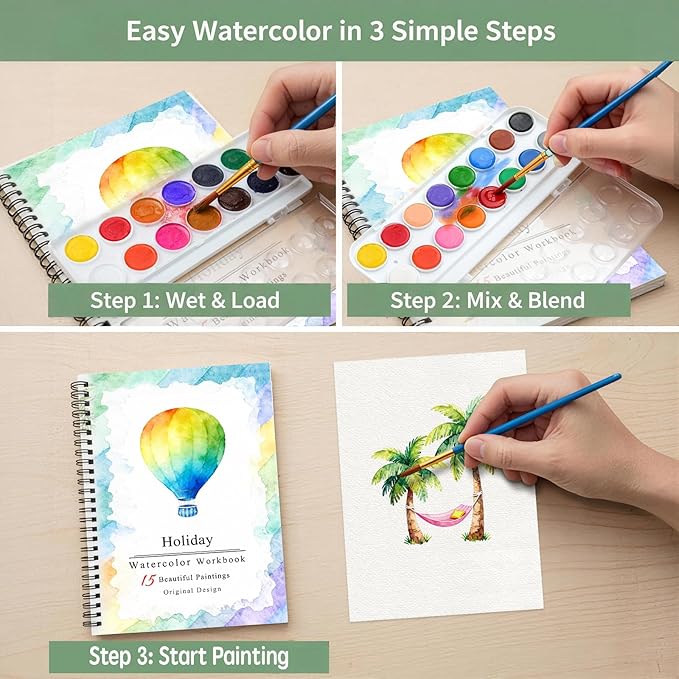 SLWBZ Watercolor Workbooks Coloring Book, Beginner Friendly Painting Kit, Detailed Steps, Creative Exploration Watercolor Book with Paint Set for Adults Teens (Holiday, with Paint)