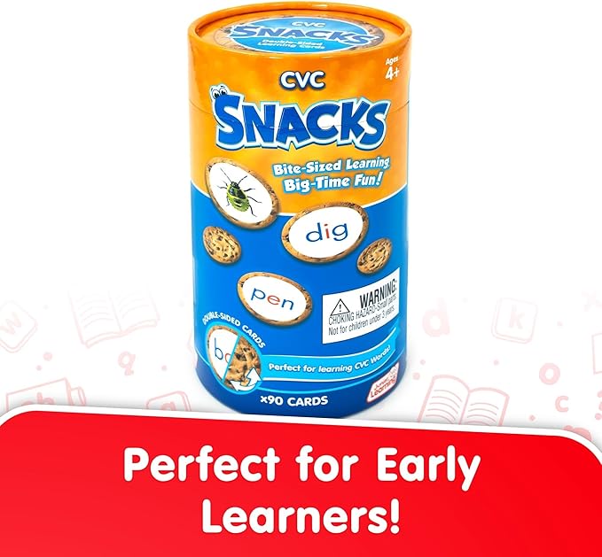 Junior Learning: CVC Snacks - Hands-On Spelling Game, Phonics & Words Practice, Picture Clues, Color Coded, Cookie Theme Double-Sided Cards, Kids 4+