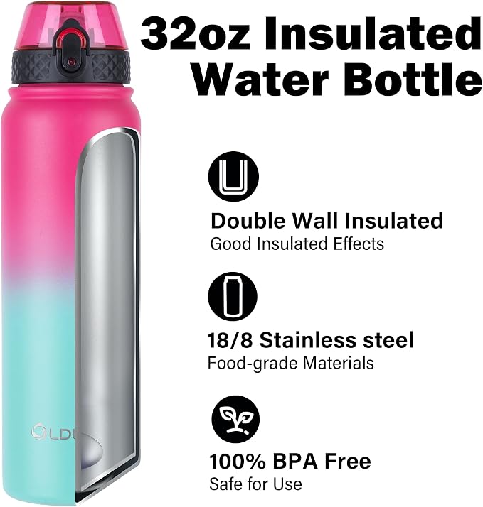 dley Insulated Water Bottle 32oz Water Bottles with Straw, Stainless Steel Water Bottle with 3 Lids, Double Wall Vacuum Bottles for Adult, Leak-proof Sports Bottles for School Travel, Rose Red-Green
