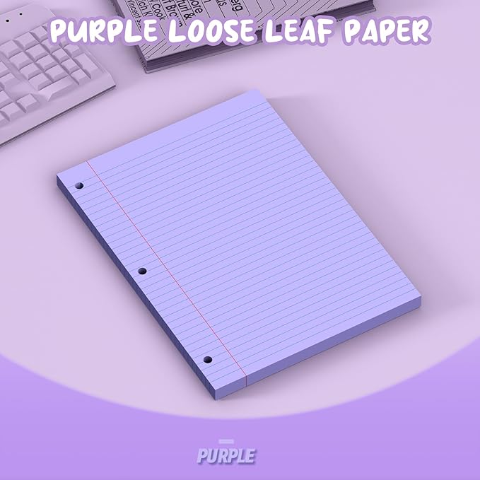 Purple Loose Leaf Paper 8 x 10.5, 120 Sheets Lined Paper College Ruled Paper, 3 Hole Punched Notebook Paper College Ruled, 3 Ring Binder Paper 8 x 10.5, Filler Paper College Ruled for Office, School
