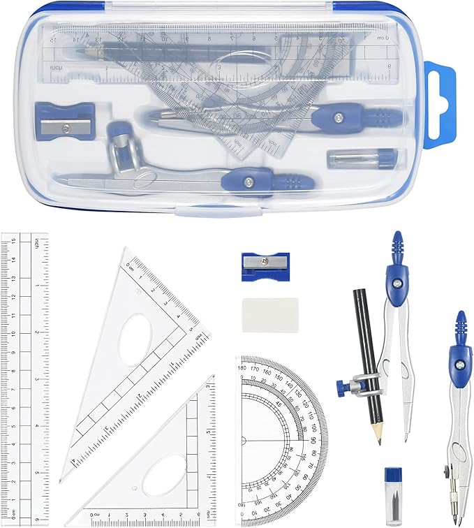 Unjoo Math Geometry Kit Sets 10 Piece Student Supplies with Shatterproof Storage Box,Includes Rulers,Protractor,Compass,Eraser,Pencil Sharpener,Lead Refills,Pencil,for Drafting and Drawings（Navy blue）