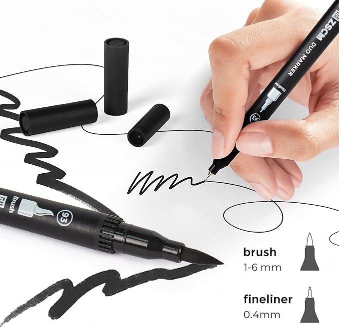 ZSCM Black Duo Tip Marker Pens, 12 Pack Fine & Brush Markers for Adult Coloring Books No Bleeding, Jet Black Markers for Outlining, Sketching, Japanese Manga, Calligraphy and Graphic Novels
