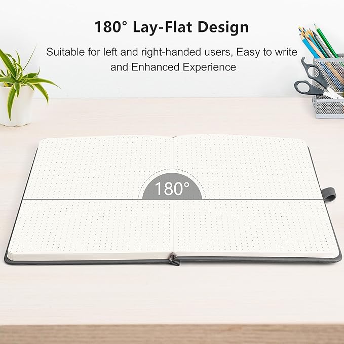 RETTACY Dotted Journal Notebook, 192 Pages, A5 Medium Size (5.7'' x 8.3''), Leather Hardcover, 100 GSM Thick Paper, for Journaling, Planning, Tracking (Gray)