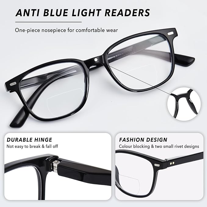 Bifocal Reading Glasses for Women, Blue Light Blocking Computer Readers with Spring Hinges, Retro Square Frame