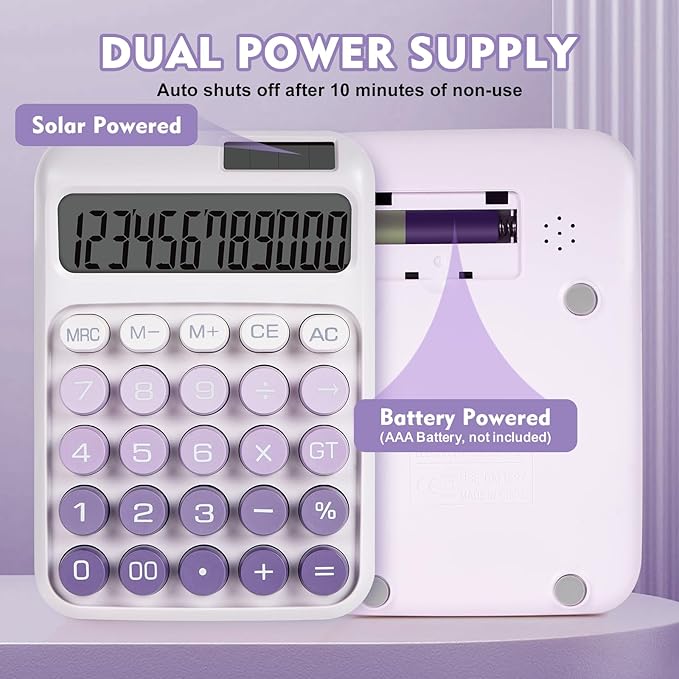 Mechanical Switch Calculator with Big Buttons, Calculators Desktop, 12 Digits, Solar Battery Power, Desk Calculator,Large LCD Display,Cute Purple Calculators for Teachers Students Basic Office