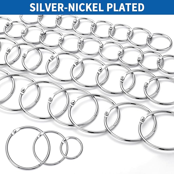 65 Pcs Binder Rings Assorted Sizes (1, 1.5 & 2 inch) - Nickel Plated Silver Metal Book Rings for Index Cards, Keychains, Loose Leaf Paper, Heavy Duty Binder Clips