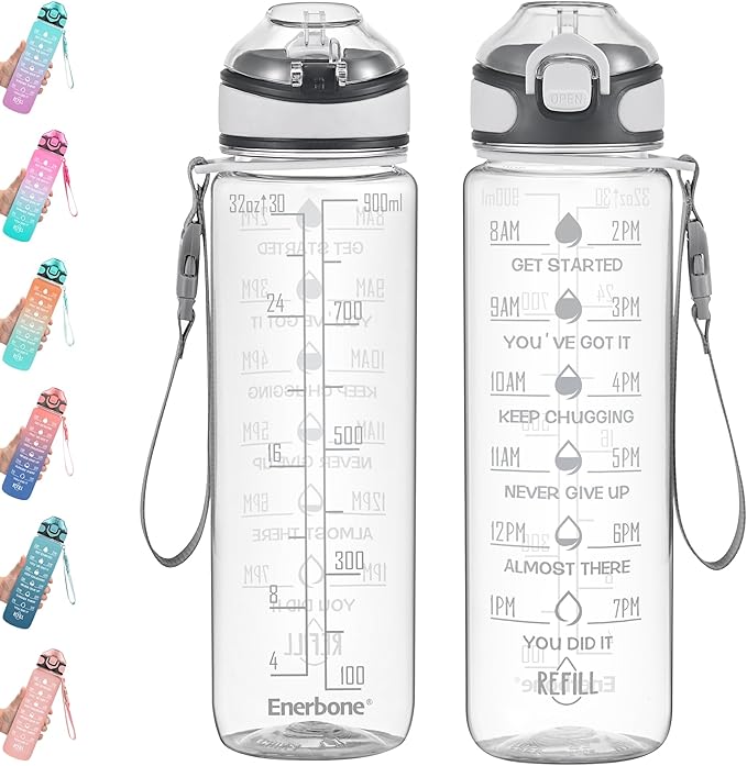 Enerbone 32 oz Water Bottle with Times to Drink and Straw, Motivational Drinking Water Bottles with Carrying Strap, Leakproof BPA & Toxic Free, Ensure You Drink Enough Water for Fitness Gym Outdoor