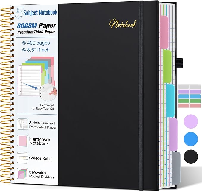 5 Subject Notebook College Ruled,80GSM Paper Thick Hardcover Spiral Notebook Lined Journal with Removable Dividers Tabs,400pages 8.5"x11" Paper Large Notebooks for School Work,3-Hole Punched, Black