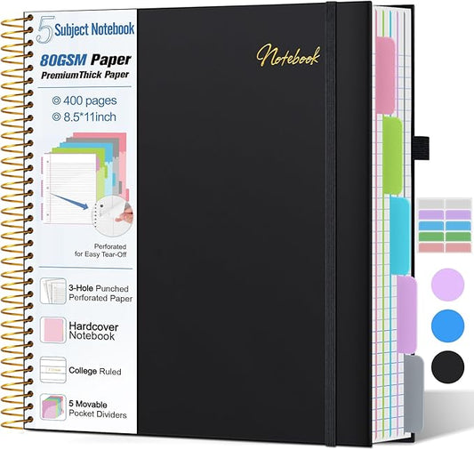 5 Subject Notebook College Ruled,80GSM Paper Thick Hardcover Spiral Notebook Lined Journal with Removable Dividers Tabs,400pages 8.5"x11" Paper Large Notebooks for School Work,3-Hole Punched, Black