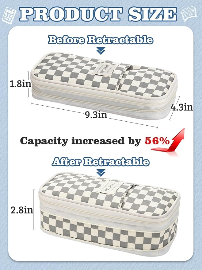 Bigmeta Gingham Expandable Pencil Case for Teens Girls - Light Gray | Zipper Gusset for Adjustable Capacity, Checkered Cute Pencil Pouch, Stationery Bag Box for Student Back to School Gifts