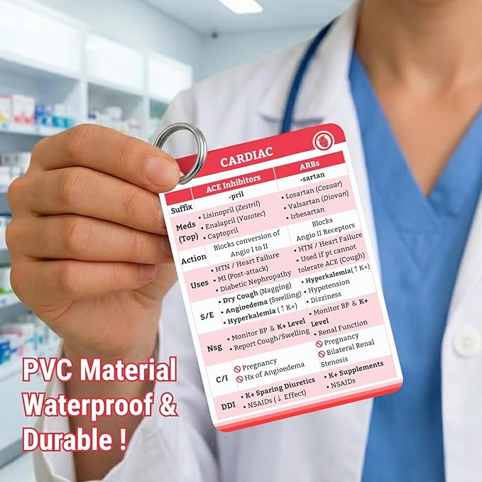 Nursing Pharmacology Flash Cards 2025 - Waterproof PVC Badge Cards & Cheat Sheets - Double-Sided Drug Guide Covering 80+ Classes for NCLEX RN Student Essentials