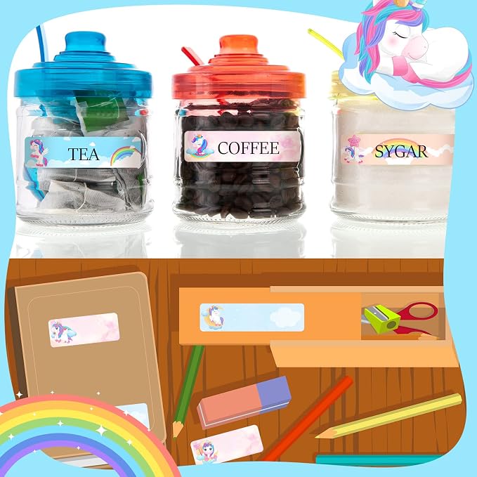 Waterproof Name Labels for Kids Daycare 320 Pcs, Unicorn | Self Adhesive Baby Water Bottle Stickers for School Supplies, Self Laminating, School Name Stickers for Lunch Boxes