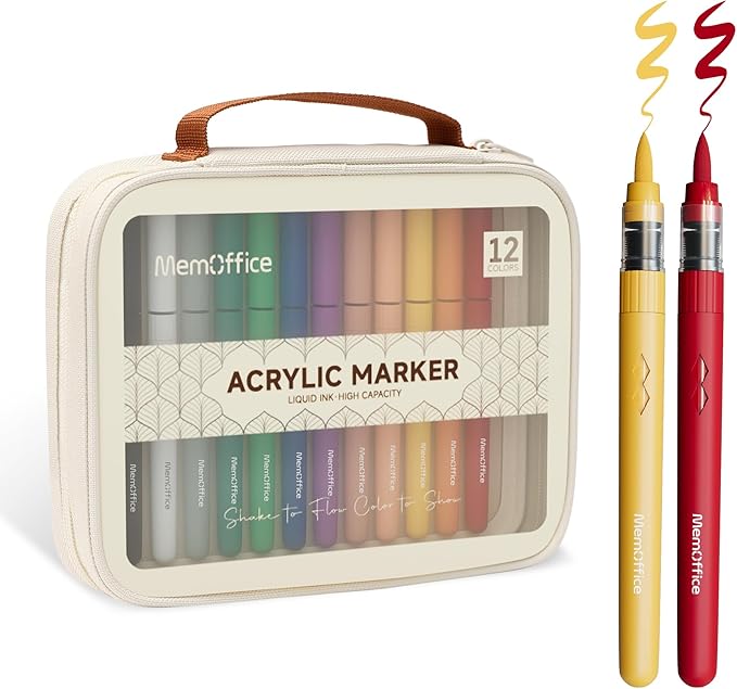 MemOffice Direct Liquid Acrylic Paint Markers, 12 Colors Brush Tip Pens with Carrying Case, No Bleed, Waterproof, for Rock, Wood, Canvas, Glass, Fabric, DIY Crafts for Adults