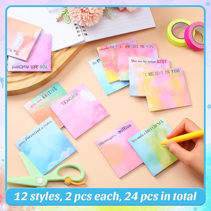 Yinder 24 Pcs Inspirational Sticky Notes Cute Motivational Sticky Notes Pad End of Year Employee Appreciation Gifts Bulk for Teacher Nurse Coworkers Office Supplies 3 x 3'' (Thank You,Water Color)