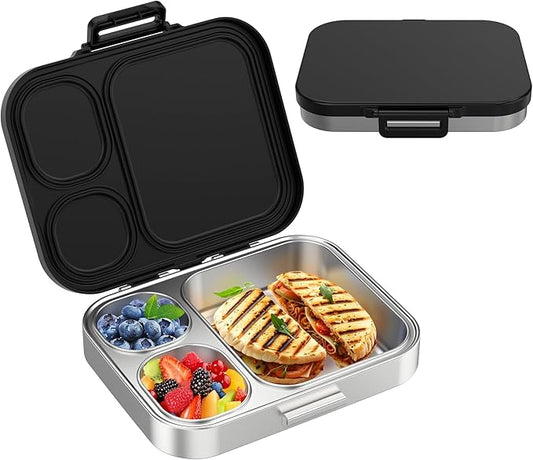 Pawtong Stainless Steel Bento Lunch Box for Kids | 3-Compartment Lunch Box Container Kids | 100% Leakproof, Eco-Friendly, Perfect Portion Control for Kids&Adult Healthy Meals (Black)