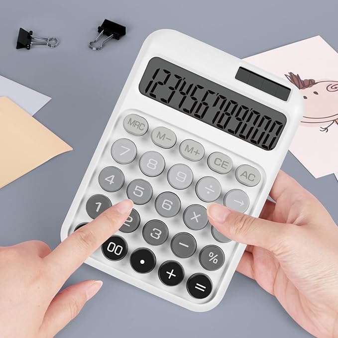 Mechanical Switch Calculator with Big Buttons, Calculators Desktop, 12 Digits, Solar Battery Power, Desk Calculator, Large LCD Display,Cute White Calculators for Teachers Students Basic Office