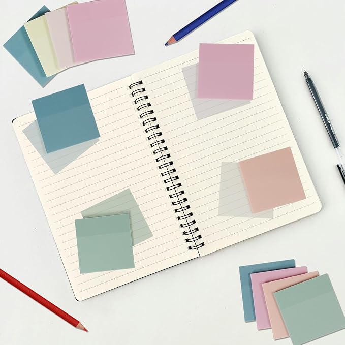 Transparent Sticky Notes,6 Pack 3x3 in, Clear ，Self-Adhesive Waterproof Translucent, Clear Notes, for Bible Sticky Notes, School, Office (Pastel 6 Colors, 3 * 3 Inch)