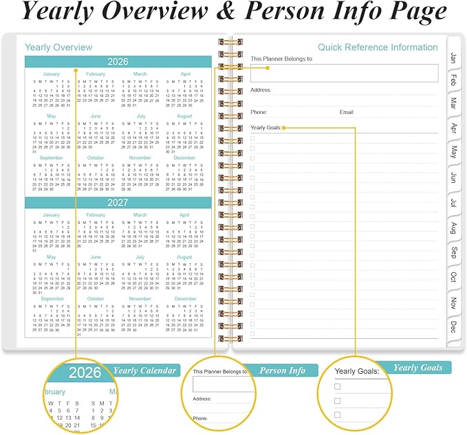 2026 Daily & Monthly Planner - One Page Per Day, Daily Planner 2026 from January 2026 to December 2026, Planner 2026 with 12 Monthly Tabs, 6.4" x 8.5", Rose Leaf